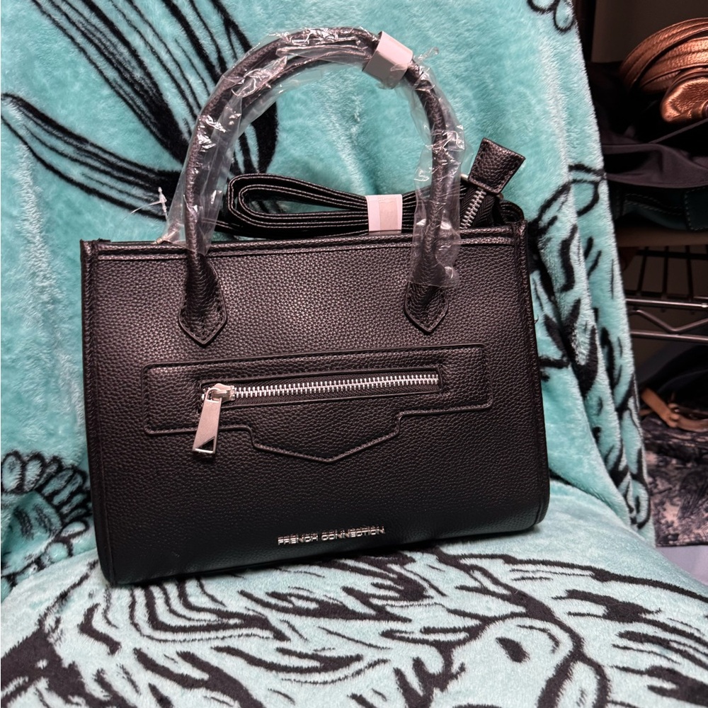 French Connection Black Pebbled Leather Satchel with Zip Pocket